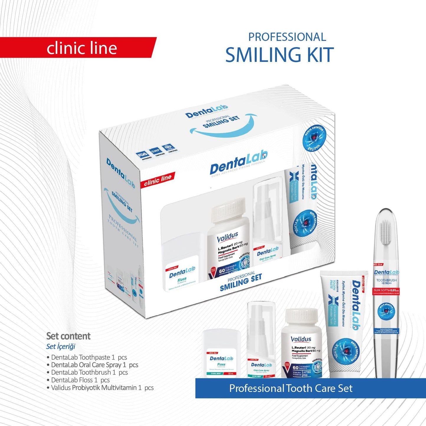 Dentalab Clinic Professional Smile Series Tandpasta, Verzorgingsspray, Kauwtabletten, Tandenborstel, Floss